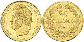1840. Francia. Luis Felipe I. A (París). 20 francos. (Fr. 560) (Kr. 750.1). 6,44 g. AU. Leves marquitas. Parte de brillo original. MBC+/EBC-.