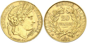 1851. Francia. II República. A (París). 20 francos. (Fr. 566) (Kr. 762). 6,41 g. AU. Golpecitos. MBC+.