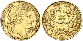 1851. Francia. II República. A (París). 20 francos. (Fr. 566) (Kr. 762). 6,40 g. AU. MBC+.
