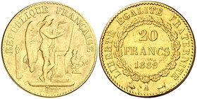 1889. Francia. III República. A (París). 20 francos. (Fr. 592) (Kr. 825). 6,32 g. AU. Sirvió como joya. (MBC-).