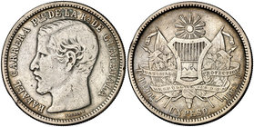 1862. Guatemala. R. 1 peso. (Kr. 182). 24,21 g. AG. Golpecitos. Escasa. BC+/MBC-.
