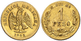 1883/72. México. Mº (México). M. 1 peso. (Fr. falta) (Kr. 410.5). 1,68 g. AU. Parte de brillo original. EBC.