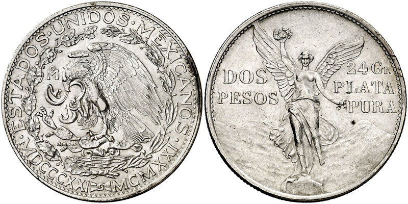 1921. México. 2 pesos. (Kr. 462). 26,51 g. AG. Centenario de la Independencia. G...