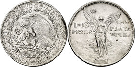 1921. México. 2 pesos. (Kr. 462). 26,51 g. AG. Centenario de la Independencia. Golpecitos. Escasa. EBC-.