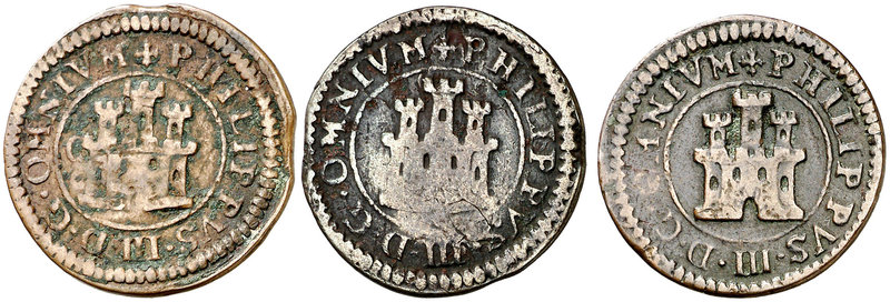 1598 y 1599 (dos). Felipe III. Segovia. 2 maravedís. Lote de 3 monedas, dos con ...