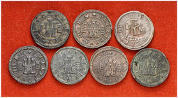 1604 a 1620. Felipe III. Segovia. 4 maravedís. Lote de 7 monedas, una con resello de valor VI. Escasas. MBC-/MBC+.