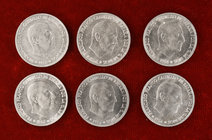 1966*67 a 69, 71 a 73. Estado Español. 50 céntimos. Lote de 6 monedas. A examinar. EBC/Proof.