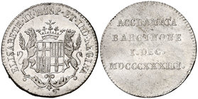 1833. Isabel II. Barcelona. Módulo 2 reales. (Ha. 6). 3,58 g. Plata. Rayitas. Parte de brillo original. Ex Colección Manuela Etcheverría. MBC+.