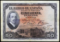 1927. 50 pesetas. (Ed. B115) (Ed. 332). 17 de mayo, Alfonso XIII. Sello tampón REPÚBLICA ESPAÑOLA en vertical. MBC.