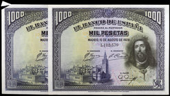 1928. 1000 pesetas. (Ed. C8) (Ed. 361). 15 de agosto, San Fernando. Pareja correlativa, uno con pequeña rotura en una esquina. EBC-.