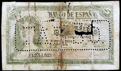 1935. 5 pesetas. (Ed. falta). Serie A. FALSO en taladros. Roturas. Raro. MC.