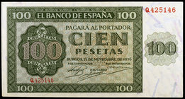 1936. Burgos. 100 pesetas. (Ed. D22a) (Ed. 421a). 21 de noviembre. Serie Q. Levísimo doblez. EBC+.