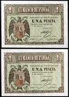 1938. Burgos. 1 peseta. (Ed. D29a) (Ed. 428b). 30 de abril. Pareja correlativa, serie N, última serie emitida. S/C-.