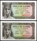 1943. 5 pesetas. (Ed. D47a) (Ed. 446a). 13 de febrero, Isabel la Católica. Pareja correlativa, serie D. S/C.