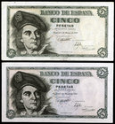 1948. 5 pesetas. (Ed. D56a). 5 de marzo, Elcano. 2 billetes, series A y F. MBC+/S/C-.
