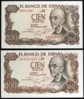 1970. 100 pesetas. (Ed. D73 y D73b). 17 de noviembre, Falla. 2 billetes, sin serie y serie 4L. S/C-.