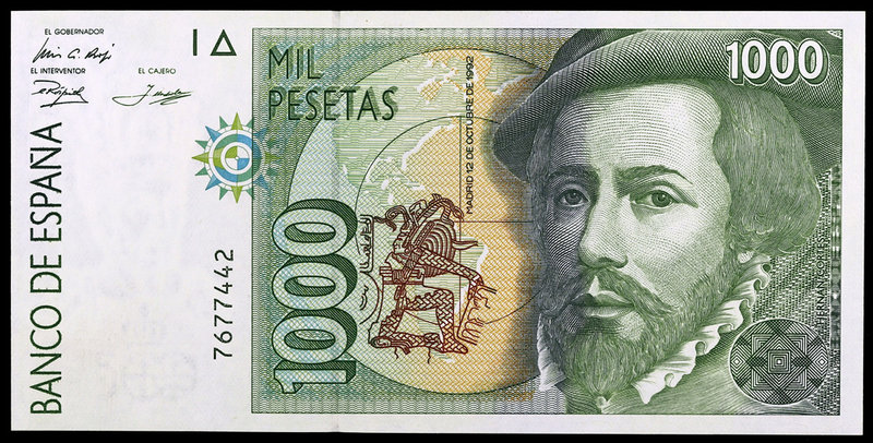 1992. 1000 pesetas. (Ed. E9) (Ed. 483). 12 de octubre, Hernán Cortés / Pizarro. ...