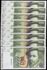 1992. 1000 pesetas. (Ed. E9) (Ed. 483). 12 de octubre, Hernán Cortés / Pizarro. 8 billetes, sin serie (cinco correlativos). S/C.