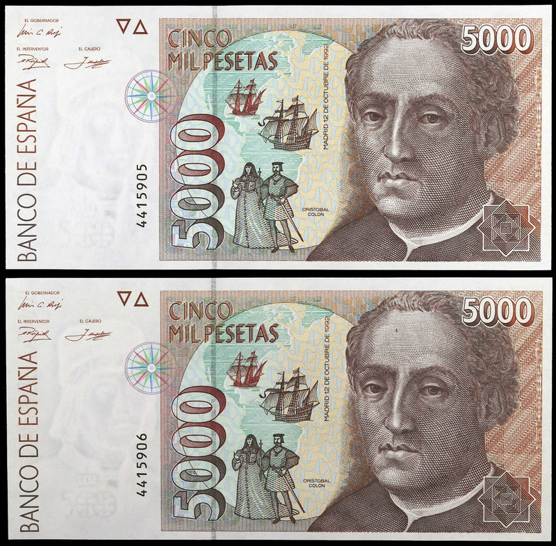 1992. 5000 pesetas. (Ed. E10) (Ed. 484). 12 de octubre, Colón. Pareja correlativ...