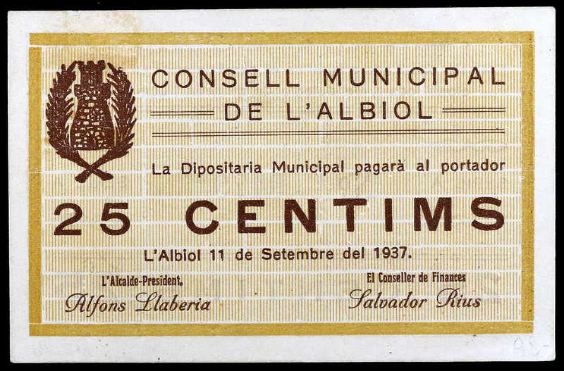 Albiol. 25 céntimos. (T. 92). Ex Colección José Martí, Áureo 17/11/2004, nº 5293...