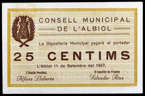 Albiol. 25 céntimos. (T. 92). Ex Colección José Martí, Áureo 17/11/2004, nº 5293. Raro así. S/C-.