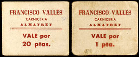 Almatret. Carnicería Francisco Vallés. 1 y 20 pesetas. (AL. falta). 2 Cartones. Postguerra. MBC/MBC+.