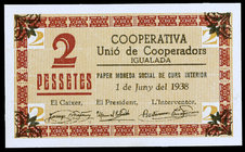 Igualada. Cooperativa Unió de Cooperadors. 2 pesetas (tres). Trío correlativo, serie A. S/C.