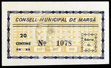 Marçà. 20 y 50 céntimos. (T. 1631f y 1632d). 2 billetes, uno sin impresión del reverso. Raros así. EBC+.