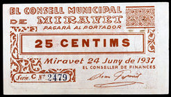 Miravet. 25 céntimos. (T. 1723). Ex Colección José Martí, Áureo 17/11/2004, nº 5581. Raro. S/C-.