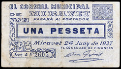 Miravet. 1 peseta. (T. 1721). Escaso. MBC.