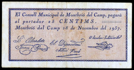 Montbrió del Camp. 25 céntimos. (T. 1786). Escaso. MBC-.