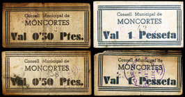 Montcortès. 50 céntimos (dos) y 1 peseta (dos). (T. 1741 y 1742). 4 cartones. BC/MBC-.