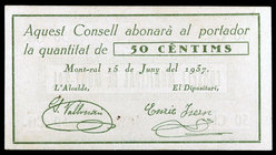 Mont-ral. 25, 50 céntimos y 1 peseta. (T. 1829b, 1830b y 1831a). 3 billetes, serie completa. Ex Colección José Martí, Áureo 17/11/2004, nº 5599. Raros...