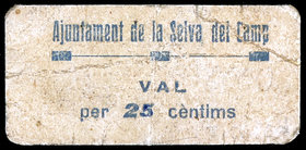 Selva de Camp, la. 25 céntimos. (T. 2686). Cartón. Sello tampón poco visible en reverso. Raro. BC+.