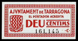 Tarragona. 10, 25 (dos) céntimos y 1 (dos) pesetas. (T. 2827 a 2830). 5 billetes, todos los de la localidad más una variante de color del de 25 céntim...