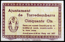 Torredembarra. 50 céntimos. (T. 2954). Ex Colección José Martí, Áureo 17/11/2004, nº 5770. Escaso. EBC-.