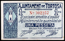 Tortosa. 25, 50 céntimos y 1 (dos) peseta. (T. 2996 a 2998, y 3000). 4 billetes, una serie completa. Ex Colección José Martí, Áureo 17/11/2004, nº 577...