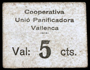 Valls. Cooperativa Unió Panificadora. 5 céntimos. (AL. 2489). Raro. MBC.