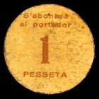 Vilabella. 1 peseta. (T. 3184). Cartón redondo. Escaso. BC+.