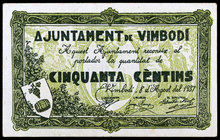 Vimbodí. 25, 50 céntimos y 1 peseta. (T. 3368 a 3370). 3 billetes, serie completa. Ex Colección José Martí, Áureo 17/11/2004, nº 5827. Escasos. MBC+/E...
