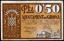 Lote de 9 billetes catalanes de la Guerra Civil: Vic (dos), Banyoles (cuatro) y Girona (tres). BC/MBC.