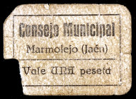 Marmolejo (Jaén). 1 peseta. (RGH. 3392). Cartón. Rotura. Raro. BC-.