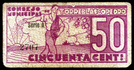 Torreblascopedro (Jaén). 25, 50 céntimos y 1 peseta. (RGH. 5072, 5073 y 5074). 3 cartones, uno roto, serie completa. MC/BC+.