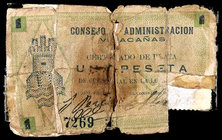 Villacañas (Toledo). 1 peseta. (RGH. 5504). Roto y pegado en la época con dos viñetas del Auxilio Social. MC.