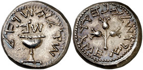 (67-68 d.C.). Judea. I Revuelta (66-70 d.C.). Shekel. (S.GIC. 5630 var) (BMC. XXVII, 7). 14,09 g. Muy bella. Pátina. Rara. EBC+.