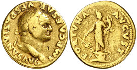 (74 d.C.). Vespasiano. Áureo. (Spink 2251 var) (Co. 172) (RIC. 699) (Calicó 631). 6,92 g. Contramarca en anverso. MBC-.