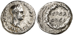 (69-70 d.C.). Vespasiano. Tarraco. Denario. (Spink falta) (S. 525a var) (RIC. 1361). 2,75 g. Pequeña grieta radial. Limpiada. Rarísima. (MBC-).