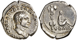 (69-70 d.C.). Vespasiano. Denario. (Spink 2296) (S. 226) (RIC. 2). 3,37 g. Ex Colección Manuela Etcheverría. Escasa. MBC+.
