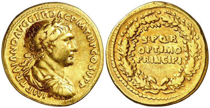 (107 d.C.). Trajano. Áureo. (Spink falta) (Co. 581) (RIC. 150) (Calicó 1121). 7,...