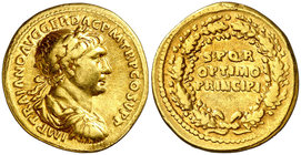 (107 d.C.). Trajano. Áureo. (Spink falta) (Co. 581) (RIC. 150) (Calicó 1121). 7,25 g. MBC+.